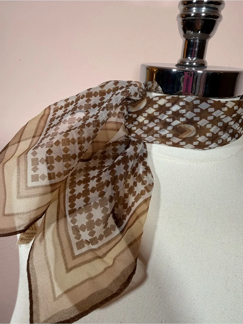 Vintage camel brown semi sheer star rattan art deco neckerchief square scarf